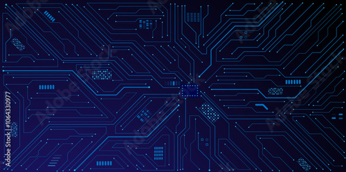 Glowing light blue neon AI chip with thin circuit contact lines. Technology lines circuit and dots on blue background, circuit board network connection.