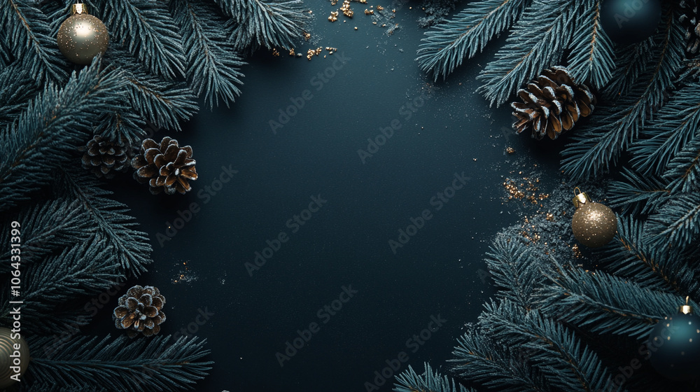 Decorative pine branches and ornaments create a festive background for holiday celebrations Decorative pine branches and ornaments create a festive background for holiday celebrations
