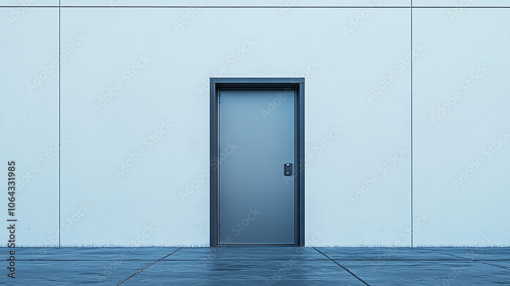 Simple gray door against a minimalist blue wall, showcasing modern architecture with clean lines and a serene aesthetic. Simple gray door against a minimalist blue wall, showcasing modern architecture with clean lines and a serene aesthetic.
