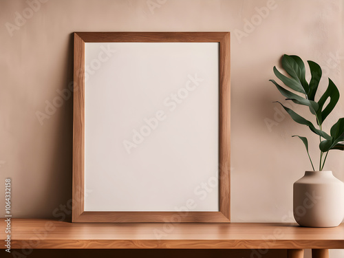 Vertical wooden picture frame, empty poster mockup on wooden table. No content in the frame. Beige wall background. Modern moody minimal interior decor. Side view, copy space