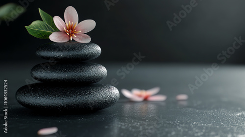 Stacked black stones with a delicate pink flower on top, creating a serene and calming atmosphere.