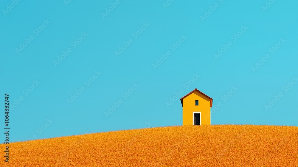Fototapeta premium Yellow House on a Hilltop Field of Flowers Minimalist Landscape