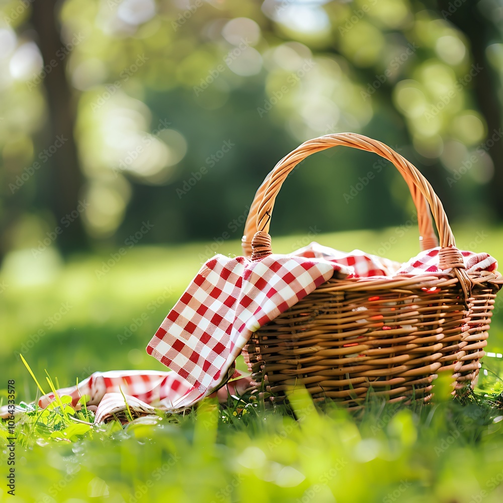 Picnic basket with checkered blanket on green grass in park Picnic basket with checkered blanket on green grass in park