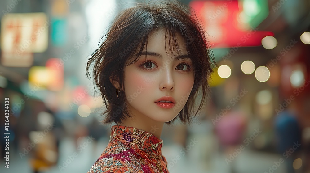 Obraz premium Portrait of a model in a vibrant urban setting
