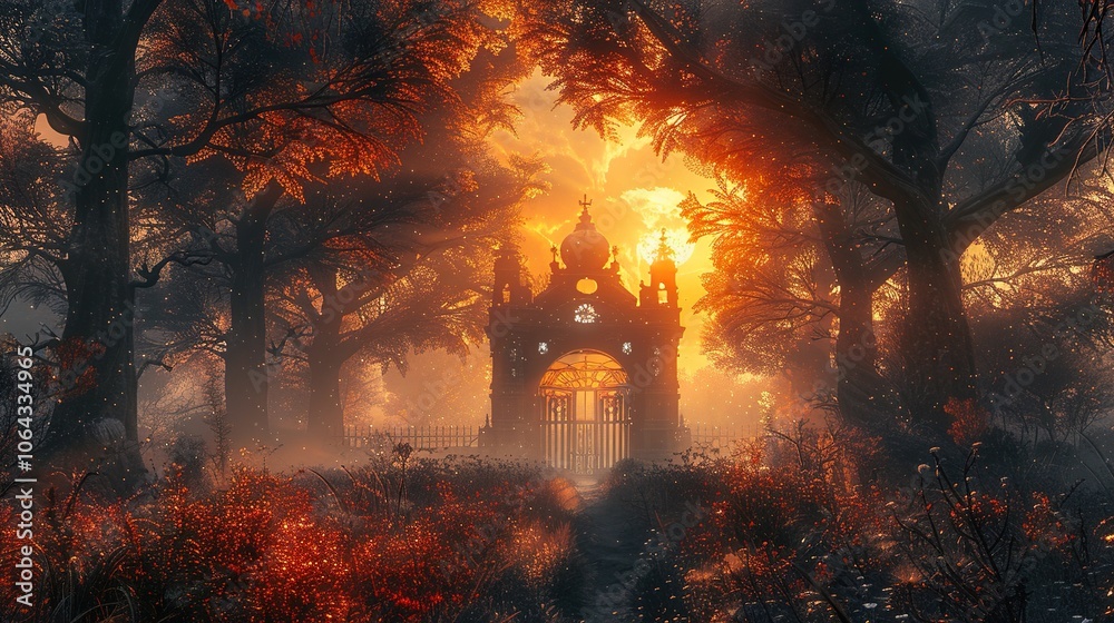 Mystical Gate in a Golden Hour Foggy Forest: A Fantasy Landscape Mystical Gate in a Golden Hour Foggy Forest: A Fantasy Landscape