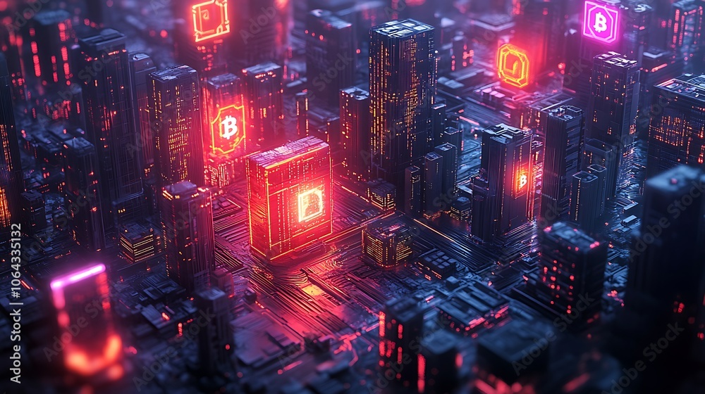 Fototapeta premium A futuristic city with glowing red and pink buildings and neon lights.