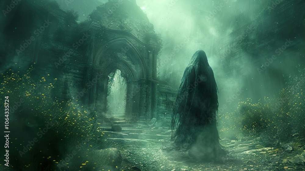 Mystical Landscape: Foggy Forest with Ancient Ruins and a Shadowy Figure Mystical Landscape: Foggy Forest with Ancient Ruins and a Shadowy Figure