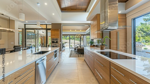 Sleek and Stylish: White Home Kitchen Interior with Cooking Cabinet and Natural Light