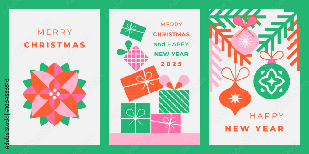 Set of Christmas and New Year greeting cards with poinsettia, Christmas decorations and present boxes. Winter holiday season. Trendy geometric design in minimalist flat style. Vector illustration for