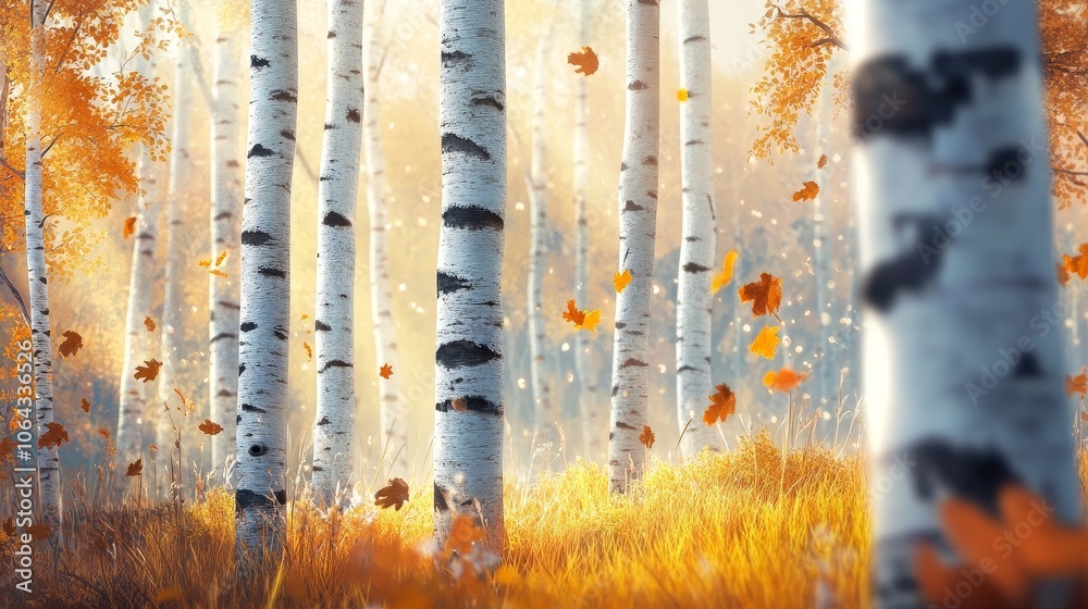 A peaceful autumn forest scene showcasing tall birch trees with prominent black bark markings, surrounded by golden leaves and grass. Highlighting the vibrant autumn colors A peaceful autumn forest scene showcasing tall birch trees with prominent black bark markings, surrounded by golden leaves and grass. Highlighting the vibrant autumn colors