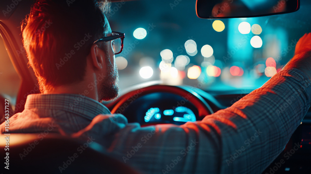 Driving at night, man with glasses focuses on road ahead, illuminated by city lights. atmosphere is vibrant and dynamic, capturing essence of urban nightlife Driving at night, man with glasses focuses on road ahead, illuminated by city lights. atmosphere is vibrant and dynamic, capturing essence of urban nightlife