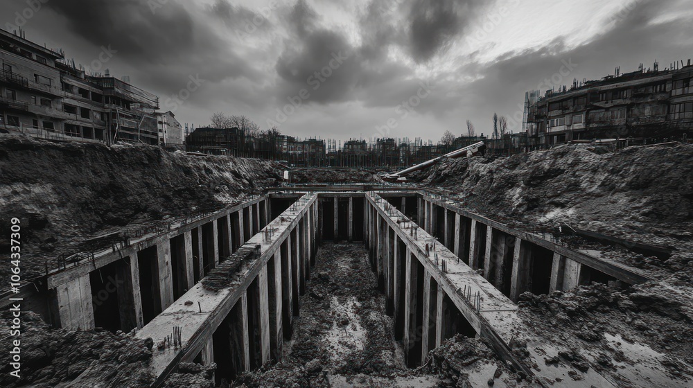 Obraz premium A stark, monochromatic view of a construction site with deep foundations and dramatic skies.