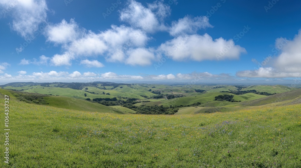 Fototapeta premium A lush meadow filled with blooming wildflowers unfolds over gentle hills, showcasing a stunning display under a bright blue sky, with fluffy clouds drifting leisurely above.