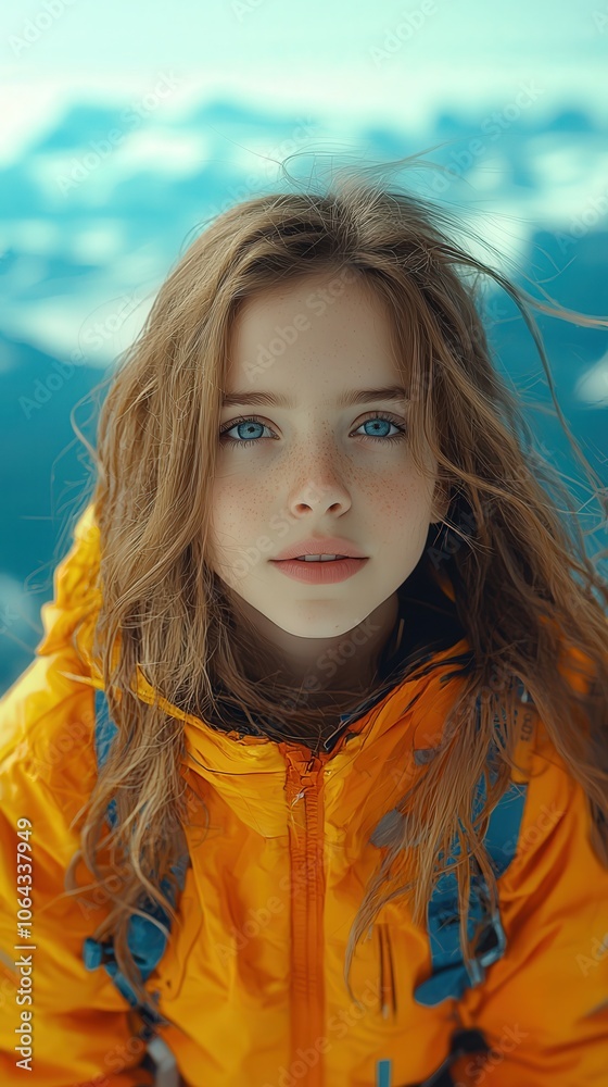 Young Woman with Blue Eyes in Yellow Jacket Portrait Young Woman with Blue Eyes in Yellow Jacket Portrait