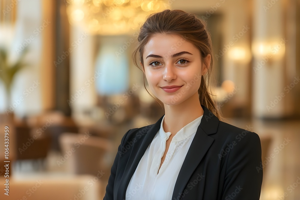 Front office manager woman standing in the elegant lobby of a luxury hotel Front office manager woman standing in the elegant lobby of a luxury hotel