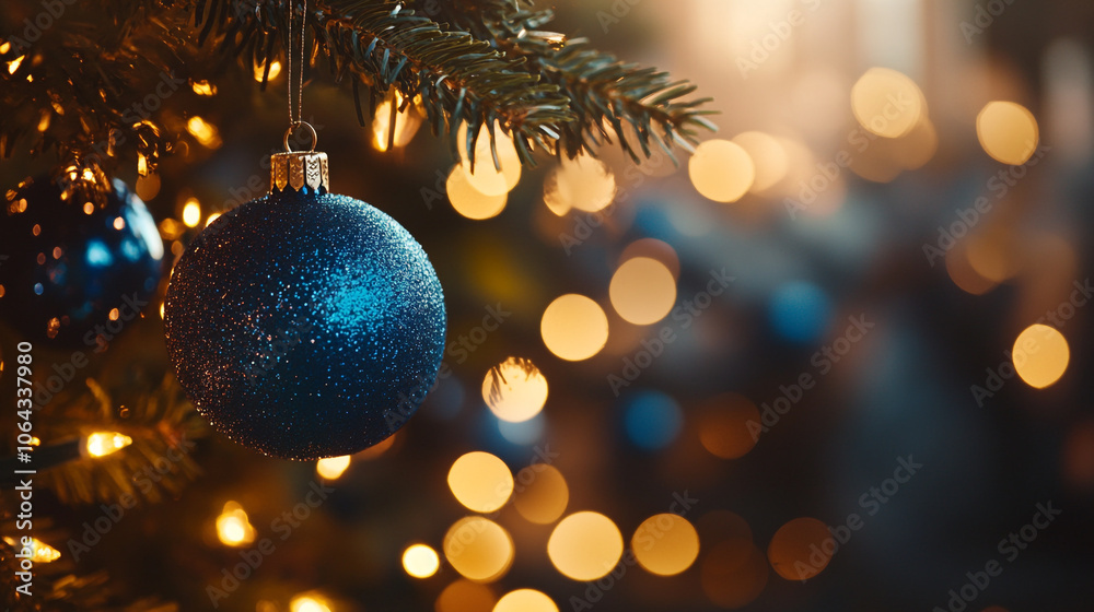 A sparkling blue ornament hangs from a Christmas tree adorned with warm holiday lights A sparkling blue ornament hangs from a Christmas tree adorned with warm holiday lights