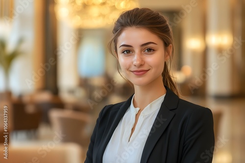 Front office manager woman standing in the elegant lobby of a luxury hotel