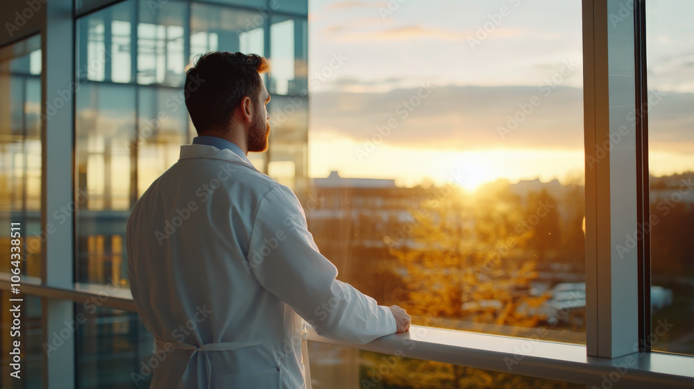 man in white coat gazes out large window at sunset, reflecting on his thoughts. warm light creates serene atmosphere in modern building man in white coat gazes out large window at sunset, reflecting on his thoughts. warm light creates serene atmosphere in modern building