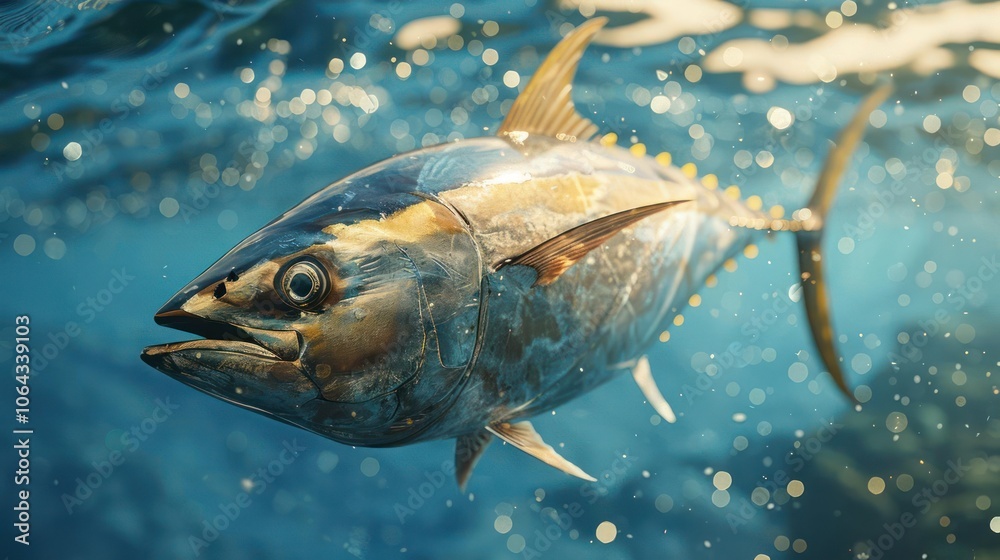 Fototapeta premium Underwater shot of a swordfish with golden scales and a blue ocean backdrop.
