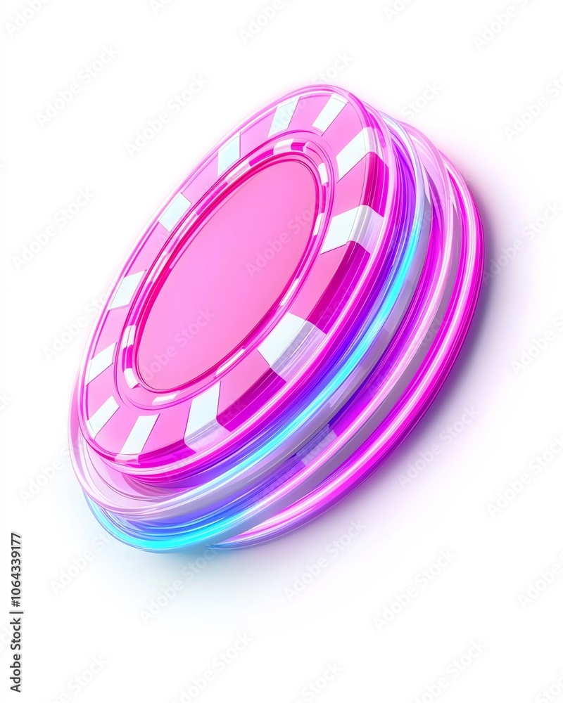 A vibrant pink casino chip stacked with glowing edges, isolated on a white background, ideal for gaming or entertainment-related themes. A vibrant pink casino chip stacked with glowing edges, isolated on a white background, ideal for gaming or entertainment-related themes.
