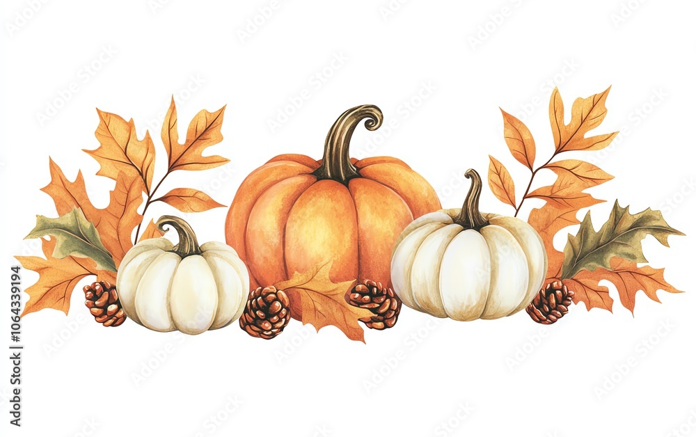 A beautiful arrangement of pumpkins in various colors, surrounded by autumn leaves and pine cones on a white isolated background. A beautiful arrangement of pumpkins in various colors, surrounded by autumn leaves and pine cones on a white isolated background.