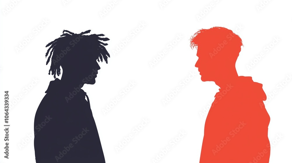Silhouettes of two individuals in contrasting colors, standing face to face, conveying a sense of dialogue and connection against a white background. Silhouettes of two individuals in contrasting colors, standing face to face, conveying a sense of dialogue and connection against a white background.
