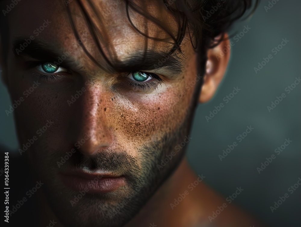 Fototapeta premium Close-Up Portrait of a Man with Intense Blue Eyes and a Shadowed Face