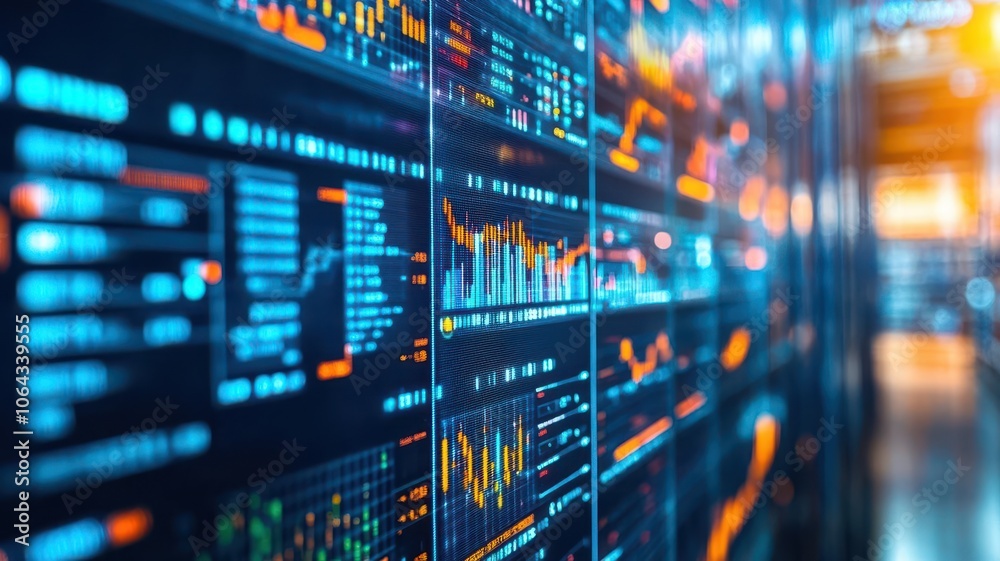 High-detail screen with warehouse operations data, manager analyzing global stock flow High-detail screen with warehouse operations data, manager analyzing global stock flow