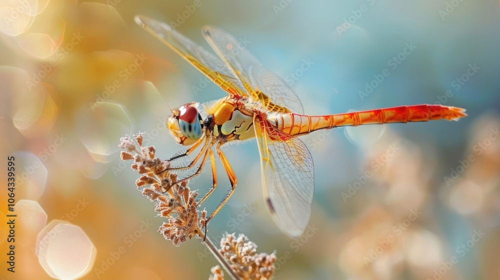 Naklejka premium Colorful dragonfly perched on a blossom.