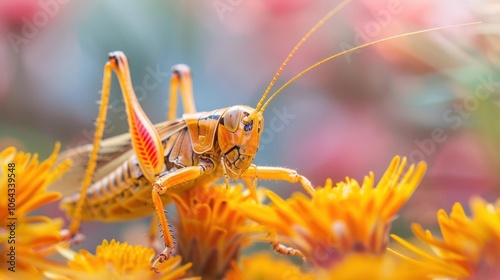 A close-up of a male Africanized Kissing Bug on the edge of an orange flower. photo