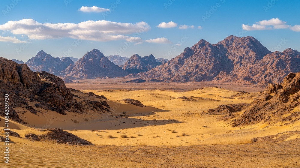 Fototapeta premium A vast desert landscape with mountains and a clear blue sky.