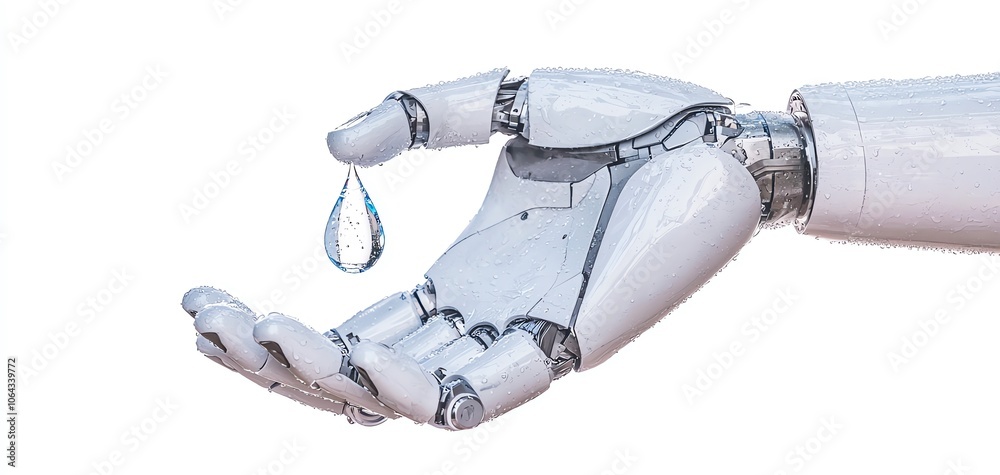 A futuristic robotic hand with a water droplet poised above it, symbolizing innovation and the intersection of technology and nature. A futuristic robotic hand with a water droplet poised above it, symbolizing innovation and the intersection of technology and nature.