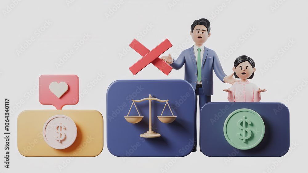 3D illustration of financial analysis with balance scales and emotions 3D illustration of financial analysis with balance scales and emotions