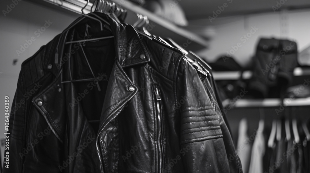 Black and white close-up of a leather motorcycle jacket hanging in a closet, evoking a rugged and classic biker style Black and white close-up of a leather motorcycle jacket hanging in a closet, evoking a rugged and classic biker style