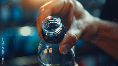 A person is holding a bottle of water and opening it. The bottle is made of plastic and has a black cap. The person's hand is visible, and the bottle is placed on a surface