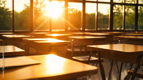 Fototapeta Naklejka Na Ścianę i Meble -  warm sunset illuminates empty classroom desks, creating serene atmosphere. sunlight streams through large windows, enhancing peaceful setting