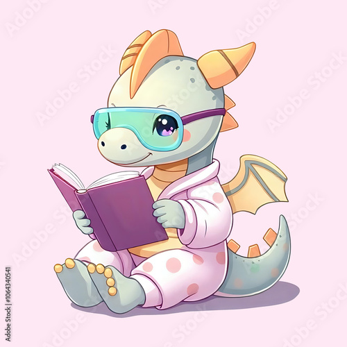 Baby dragon reading a book