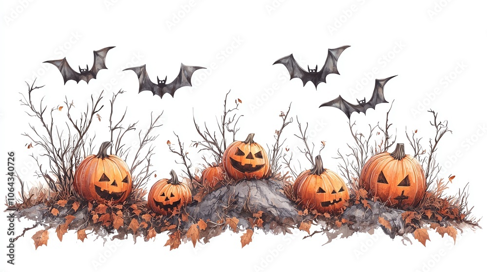 A whimsical arrangement of carved pumpkins and flying bats, set against a white background, perfect for Halloween-themed decorations. A whimsical arrangement of carved pumpkins and flying bats, set against a white background, perfect for Halloween-themed decorations.