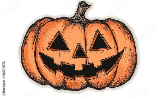 A classic Halloween pumpkin with a smiling jack-o'-lantern face, featuring triangular eyes and a wide grin, set against a white isolated background. photo