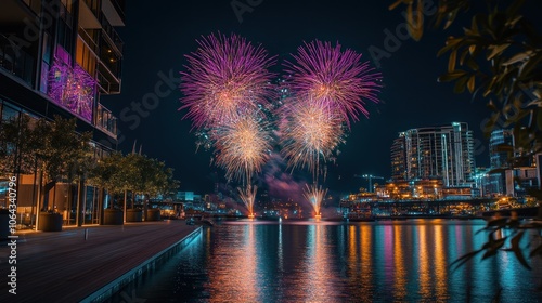 A vibrant fireworks display over a serene waterfront at night.