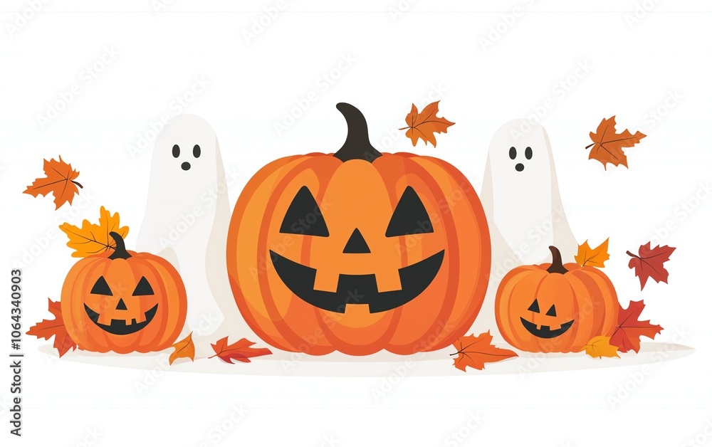 A festive Halloween scene featuring smiling pumpkins, playful ghosts, and colorful autumn leaves on a white isolated background. A festive Halloween scene featuring smiling pumpkins, playful ghosts, and colorful autumn leaves on a white isolated background.