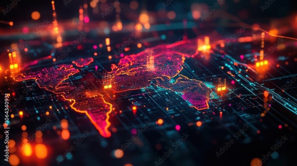 Abstract world map with glowing trade lines, symbols of economic policy impacting routes Abstract world map with glowing trade lines, symbols of economic policy impacting routes