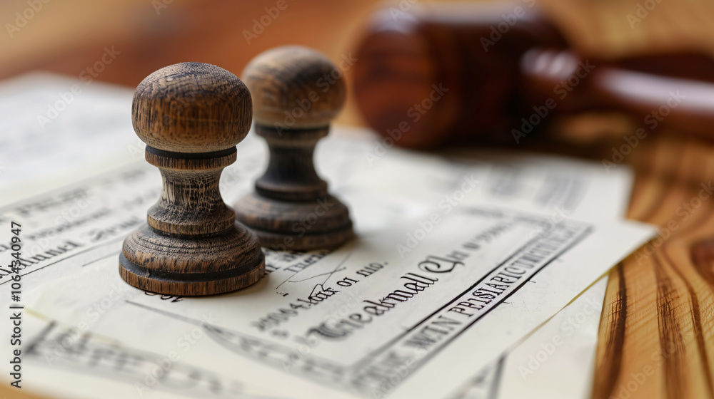 Detailed view of two antique wooden stamps on aged legal documents, evoking nostalgia and historical significance in a retro style