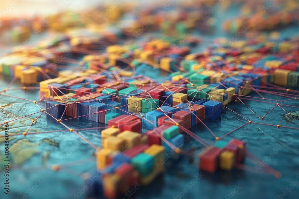 Obraz premium Geometric shapes representing trade routes, shifting in response to policy changes