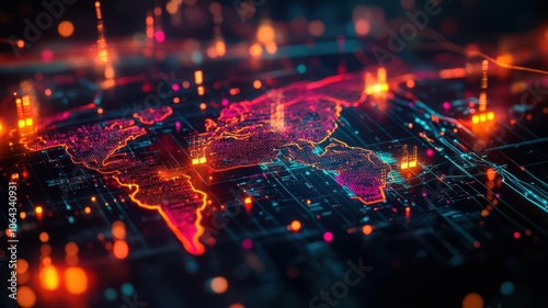 Abstract world map with glowing trade lines, symbols of economic policy impacting routes