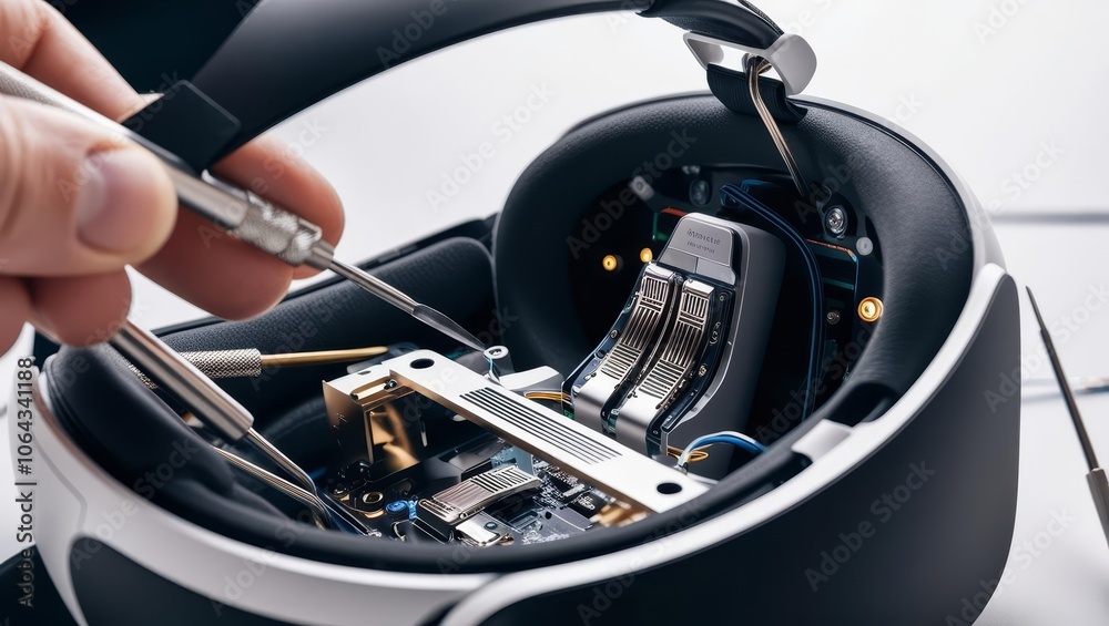 Fototapeta premium A close-up view of a virtual reality headset being repaired, showcasing intricate components and the precision required in technology maintenance.
