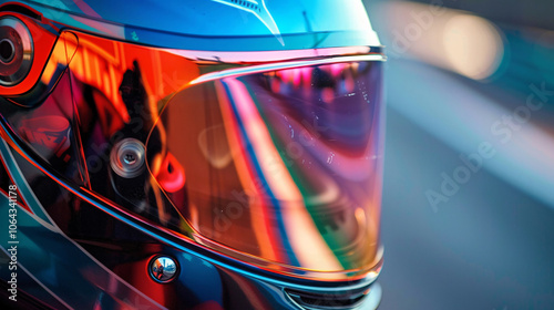 Close-up of a motorcycle helmet with a vibrant, reflective visor, capturing bright colors and dynamic light reflections for a bold look photo