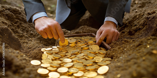 Businessman unearthing treasure chest overflowing with gold coins