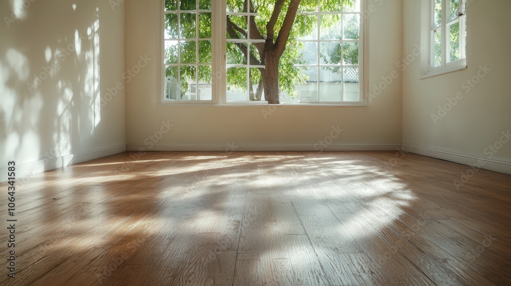 Fototapeta premium Sunlight Streaming Through Window onto Hardwood Floor in Empty Room
