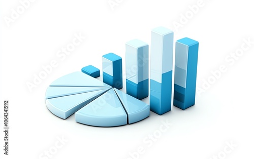 Stylish 3D pie chart and bar graph in blue colors, representing data analysis and financial growth. Ideal for presentations and reports.